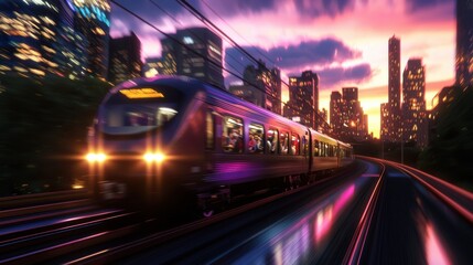 Obraz premium Speeding Train Through a Vibrant Cityscape at Sunset Capturing the Essence of Urban Life with Dynamic Colors and Motion in a Dazzling Evening Scene