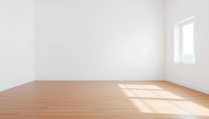 Obraz premium A serene, minimalist space with a blank white wall, polished hardwood floor, and a single, unadorned window, bathed in soft, diffused light.