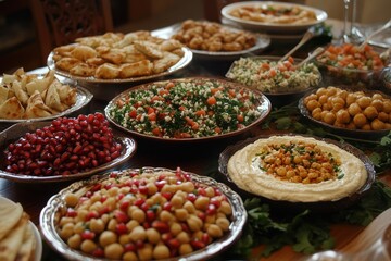 Fototapeta premium A table full of Middle Eastern cuisine. This image is perfect for representing a gathering of family and friends around a delicious meal.