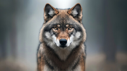 Fototapeta premium Close-up portrait of a gray wolf displaying detailed fur texture with a blurred forest background, capturing the animal's intense gaze and natural wilderness setting.