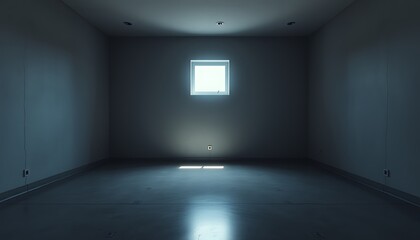 A desolate, minimalist space with cold, grey walls and a polished concrete floor, bathed in a faint, rectangular glow from a small window high above.