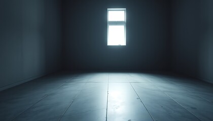 A minimalist, empty room with cold, grey walls and a polished concrete floor, illuminated by a single, small window high up on one wall.