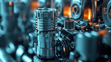 Fototapeta premium Shiny Metal Diesel Engine Components Displayed on Minimal Background, Showcasing Intricate Design and Engineering Excellence for Automotive Applications