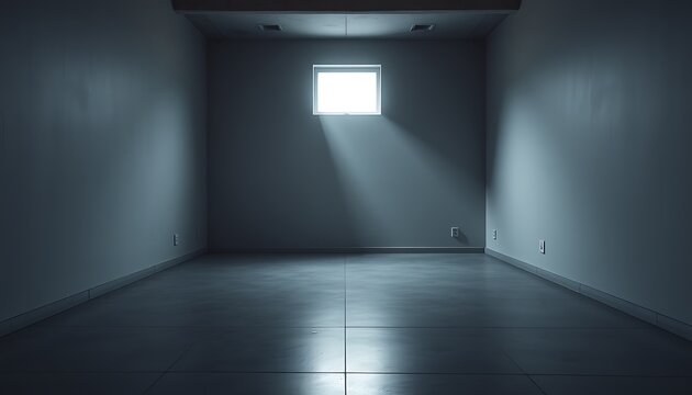 A minimalist, empty room with cold, grey walls and a polished concrete floor, illuminated by a single, small window high up on one wall.
