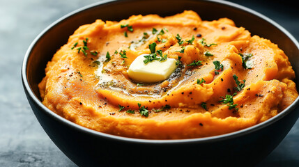 Close-up of smooth mashed sweet potatoes served in a dark bowl, garnished with a pat of butter and fresh herbs on top.