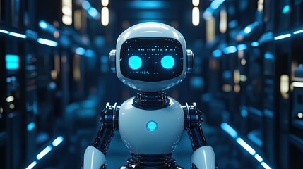 A Futuristic Robot with Glowing Blue Eyes in a Tech Environment