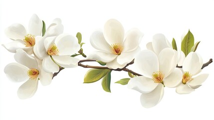 Obraz premium A Branch of White Magnolia Blossoms with Green Leaves