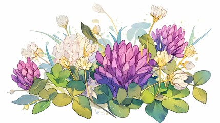Watercolor Illustration of White and Purple Clover Blossoms