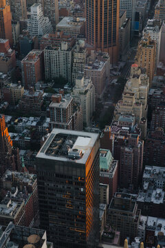 Aerial view of NYC skyscrapers during sunset