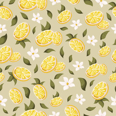 Hand drawn seamless vector pattern with lemon pieces and flowers. Summer fresh background in cartoon stylization with leaves and petals. Tropical print with pastel colors
