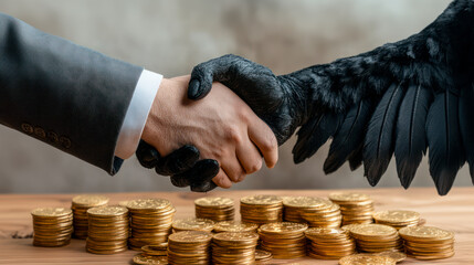 Businessman shakes hand with black demon over golden coins