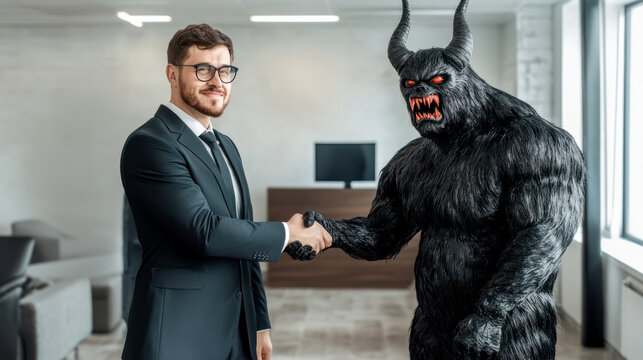 Greedy manager sell his immortal soul to devil for money and success