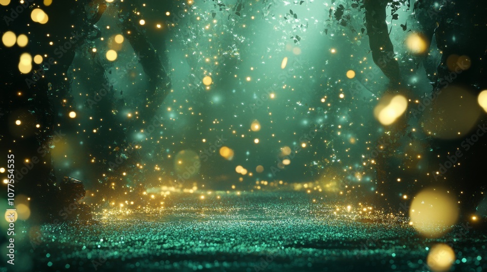 Poster A tranquil forest path is softly illuminated by glowing particles, creating a mystical atmosphere at twilight.