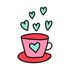 Pink cup with heart design on a saucer, flying hearts instead of steam in doodle style isolated on white background. Hand drawn cute cup for Valentine's Day, wedding. Love and warmth with charming cup