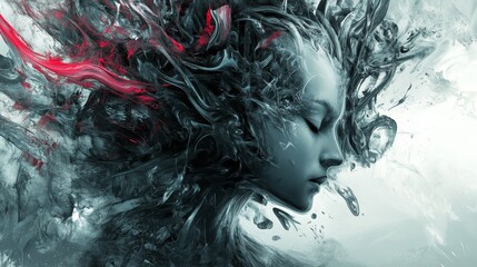 Fototapeta premium Surreal Portrait of Woman with Abstract Smoke and Red Accents in Ethereal Style