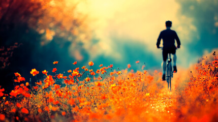 Fototapeta premium Person riding a bicycle in surreal field, tribute for discovery of hallucinogenic drug LSD