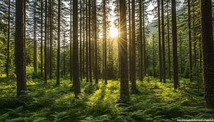 Obraz premium Sunrise in the Enchanted Dense Pine Forest ,Rays of Sunlight Illuminating Lush Green Ferns