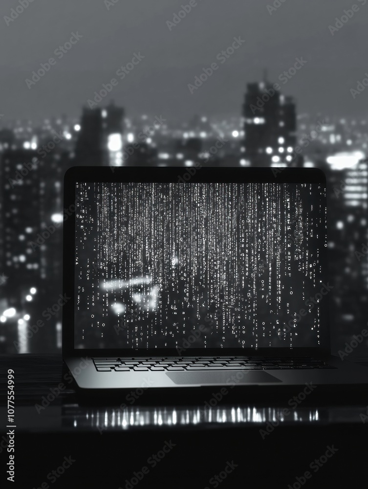 Poster falling numbers cascade across a laptop screen against a blurred city skyline, illustrating the esse