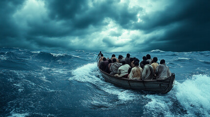 Poor people, refugees, in a boat in stormy sea