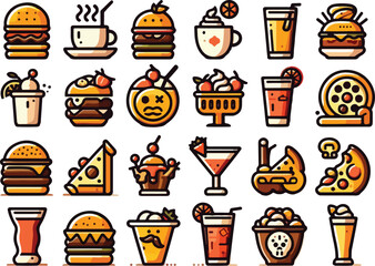 A set of food and beverage icons featuring popular items like coffee cups, burgers, pizza, cocktails, and desserts