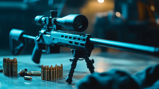Modern powerful sniper rifle with a telescopic sight mounted on a bipod. Ammo and an additional magazine next to the rifle