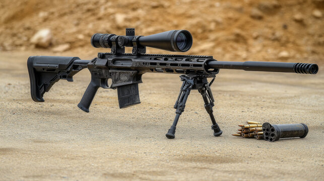 Modern powerful sniper rifle with a telescopic sight mounted on a bipod. Ammo and an additional magazine next to the rifle
