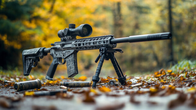 Modern powerful sniper rifle with a telescopic sight mounted on a bipod. Ammo and an additional magazine next to the rifle