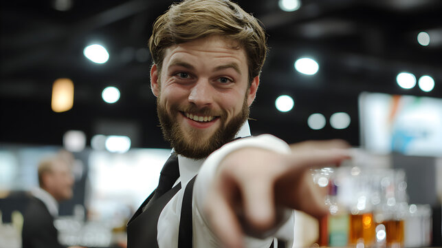An action shot of a bartender performing a flair bartending trick, showcasing skills and entertainment. Flair bartending in action.



