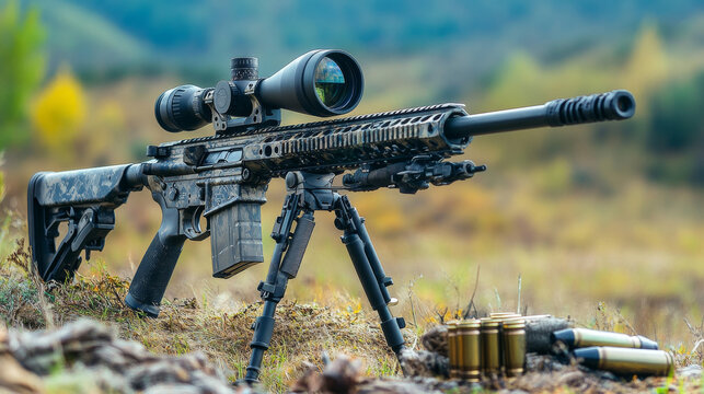 Modern powerful sniper rifle with a telescopic sight mounted on a bipod. Ammo and an additional magazine next to the rifle