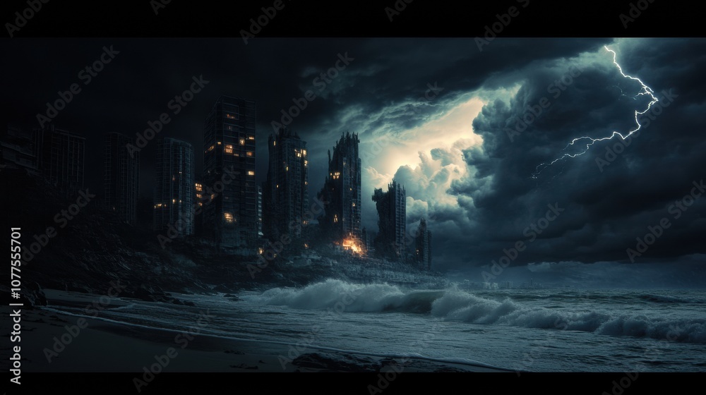 Aufkleber dark clouds gather ominously above the coastal city as lightning illuminates the skyline, while wave