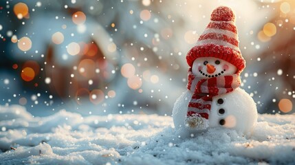 Fototapeta premium A snowman with a red and white striped hat and scarf stands in the snow with a bokeh background of lights and falling snow.