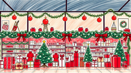 Festive Christmas Shop Display Red Gifts Trees Drawing. Generative AI