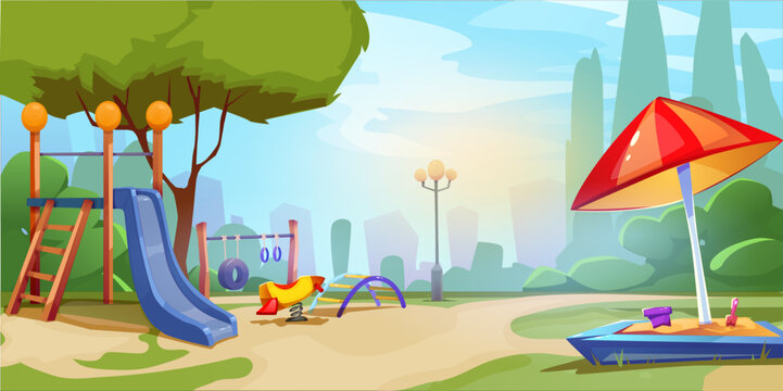 Vector illustration of vibrant childrens playground scene featuring slides, swings, seesaw, sandbox with umbrella, and lush greenery. Ideal for designs related to kids, outdoor activities, parks