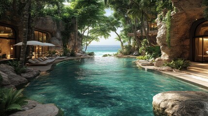 Naklejka premium Serene tropical pool surrounded by lush greenery and ocean view.