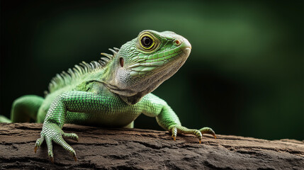 Obraz premium Close-up of a green iguana perched on a tree branch with detailed scaly skin and a blurred natural background.