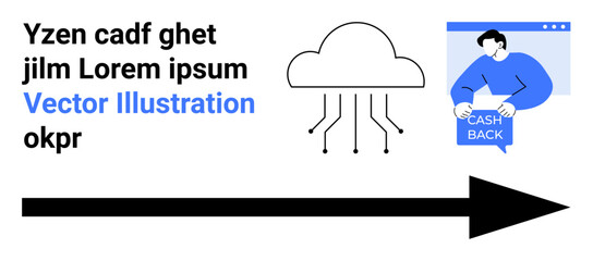 Black cloud with network lines, man holding cash back sign, large rightward arrow. Ideal for technology, finance, online transactions, business, data solutions, marketing, e-commerce. Landing page