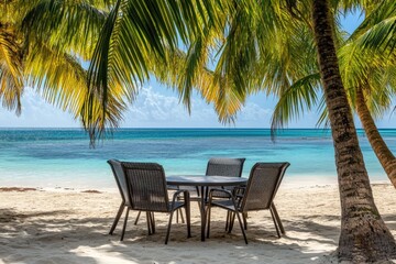 Tropical Beach Scene with Table and Chairs Under Palm Trees