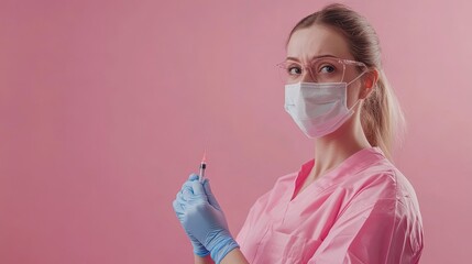 Female healthcare worker wearing a mask and holding a syringe