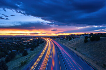 Dramatic sunset over a highway with streaking car lights, creating a vibrant contrast against darkening skies and distant cityscape.