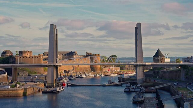 Brest bridge in France. French naval base Brittany region.Timelapse 