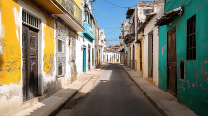 Fototapeta premium Narrow street with colorful worn buildings, featuring vibrant green, yellow, and blue facades, old wooden doors, and overhead electrical wires under a clear blue sky.