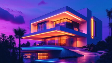 Obraz premium Modern Villa with Neon Lights at Dusk