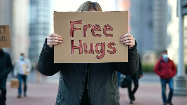 A person offers "Free Hugs" in a bustling square, promoting kindness and community spirit.