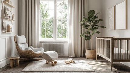 A modern nursery with a rocking chair and crib. Perfect for decorating blogs and articles about baby rooms.