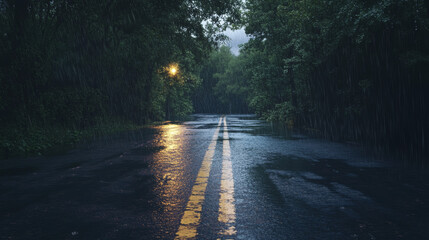 The road is closed because of heavy rain and flooding.
