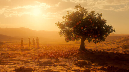 Tree with fruits on lifeless Mars-like planet, figures of astronauts