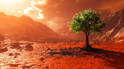Single tree on lifeless red planet Mars