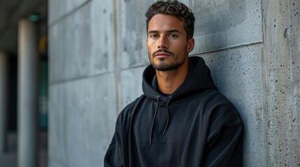 Obraz premium A young man wearing a black hoodie leans against a concrete wall, looking directly at the camera with a serious expression.