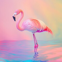 Fototapeta premium A single pink flamingo stands on a calm, colorful body of water.