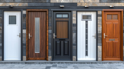 These are doors in various colors like white, gray, black, and brown. Some have mirrors and metal handles. They can open to the left or right. They are meant for entrances and are made of metal.